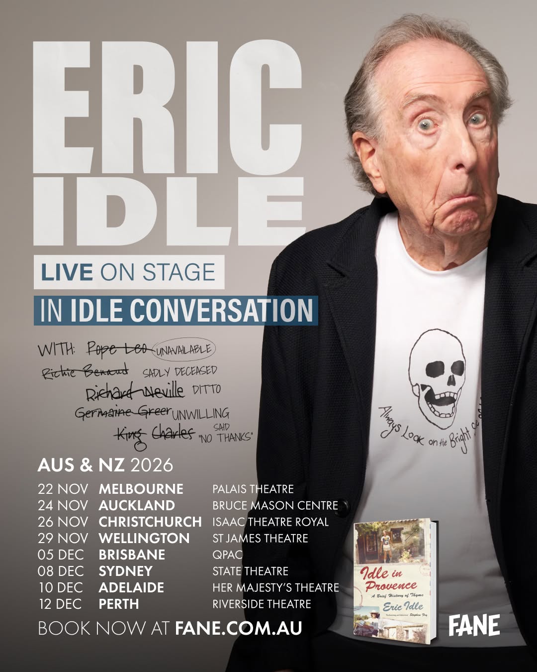 Eric Idle Live On Stage tour poster listing 2026 Australia and New Zealand comedy show dates and venues.